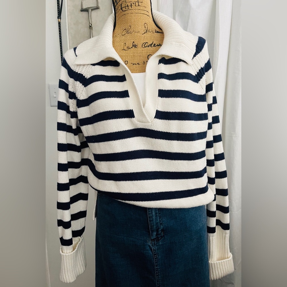 Abercrombie & Fitch Cotton Blend V Neck Sweater Preppy Stripe Nautical Size S